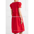 Embroidered Shirred Short Sleeve Red Cotton Midi Summer Dress Manufacture Wholesale Fashion Women Apparel (TA0257D)